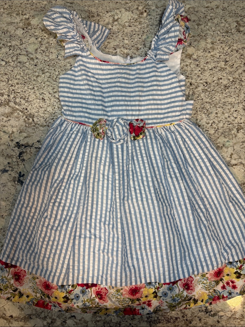 Bonnie Jean Blue & White Striped Floral-Trim Dress